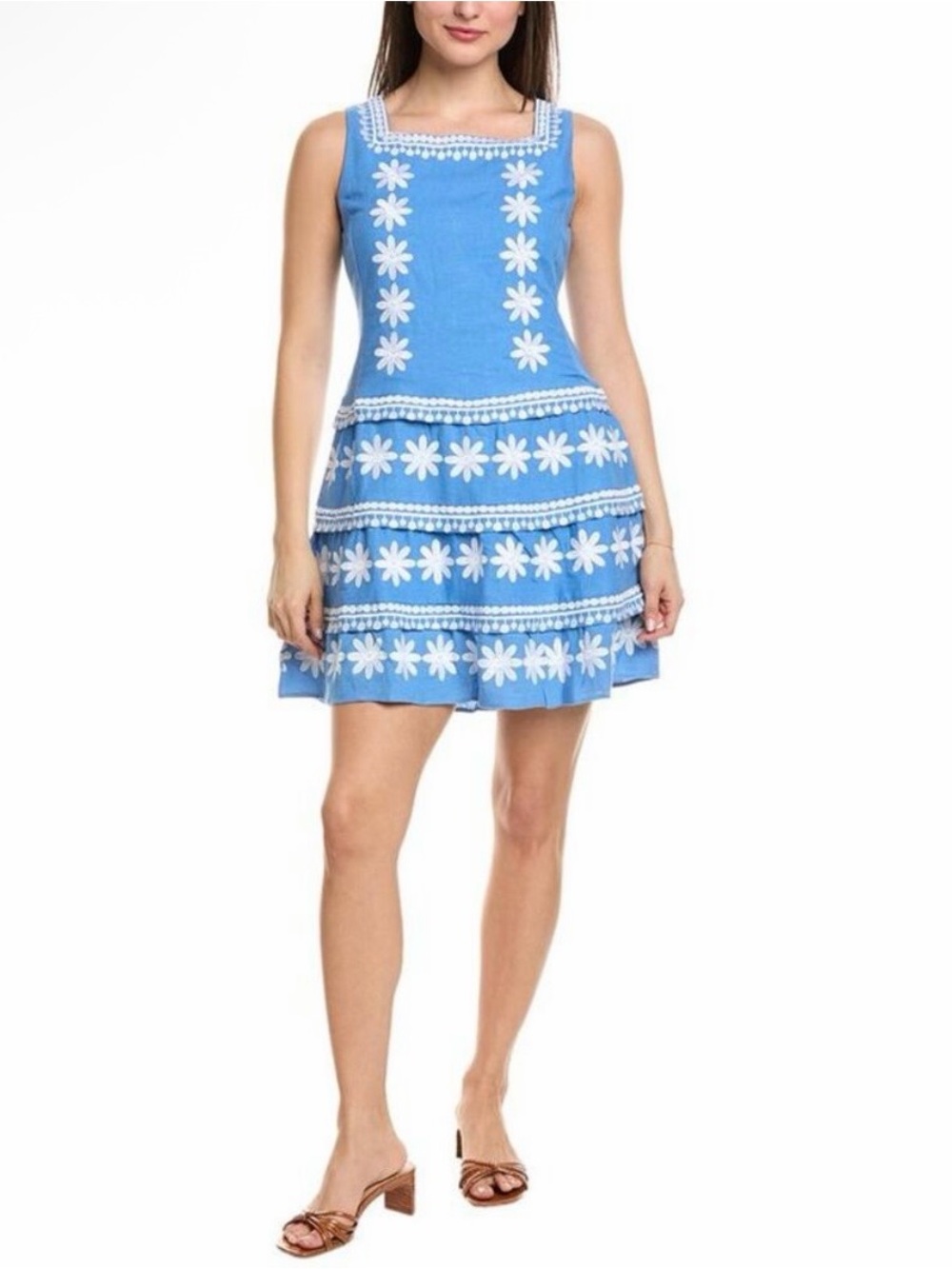 Sail to Sable Embroidered Square Neck Dress Knee Length Linen Blue White Sz S
